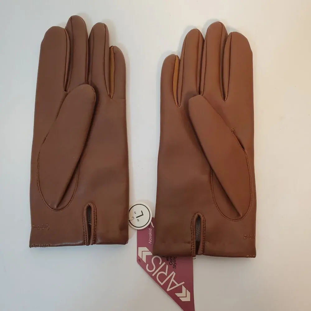 VTG Aris NovaKid Womens Camel Brown Faux Leather Driving Gloves SZ L Lined